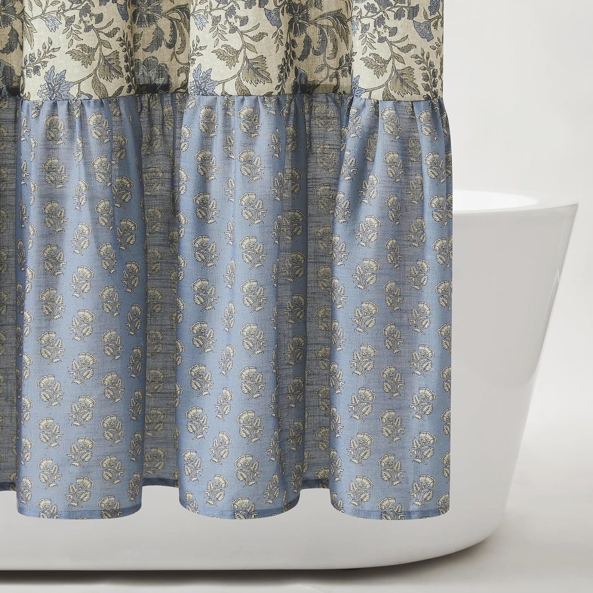 Lush Decor - Cortina de Ducha con Textura de Lino con Estampado de Bloques de Lillian, Individual, 72 Pulgadas de Ancho x 72 Pulgadas de Largo, Color Azul y Salvia, Cortinas de Ducha Florales clásico