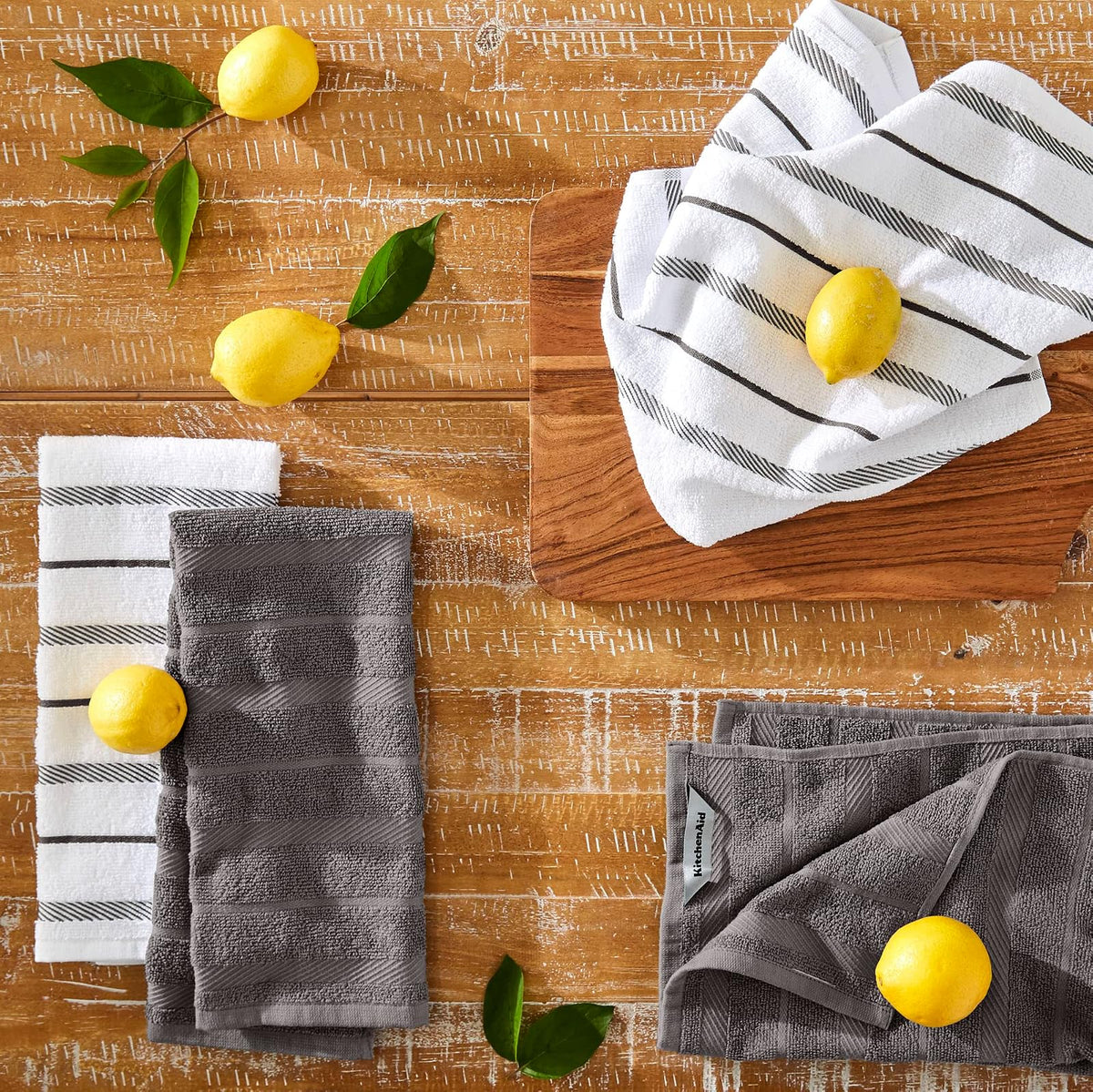 KitchenAid Albany - Juego de 4 Toallas de Cocina, Color Gris carbón/Blanco, 16 x 26 Pulgadas