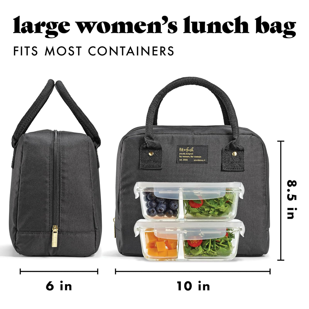 Fiambrera para mujer, con aislamiento para el trabajo, a prueba de fugas y resistente a las manchas, con contenedores, bolsa Bloomington con cierre de cierre, color negro