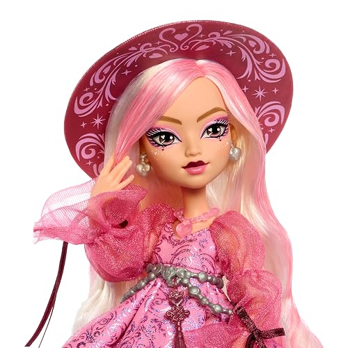 Monster High Muñeca Moonspell Magic Carina Song 4Y+ | Bruja del amor en vestido rosa con caldero sorpresa y accesorios: espejo, sombrero y libro de hechizos, JNM26