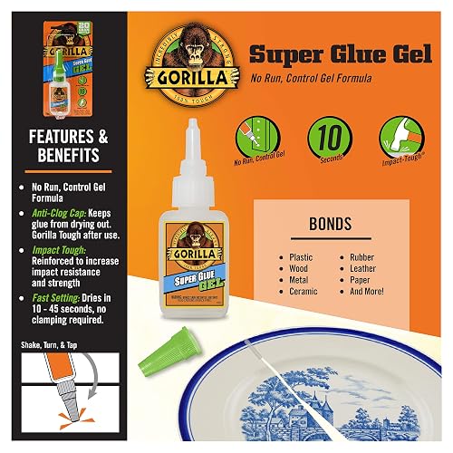 Gorilla Super Glue Gel, 20 gramos, 1 paquete | Se seca en 10-45 segundos, fórmula gruesa sin correr para superficies verticales, ideal para proyectos y reparaciones