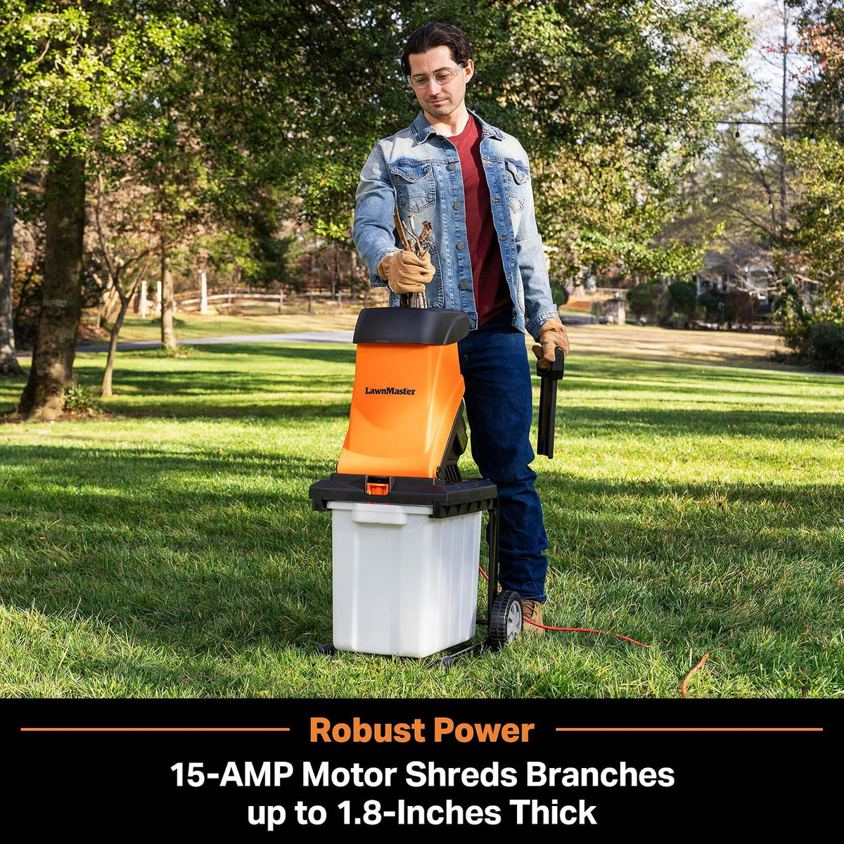 LawnMaster FD1504 - Trituradora eléctrica de madera de 15 amperios con contenedor de colección