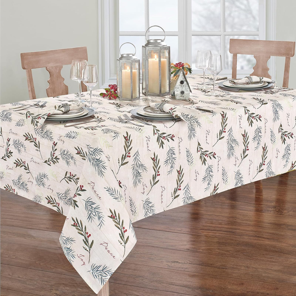 Elrene Home Fashions Mantel Rectangular navideño con Adornos de árbol de Acebo navideño, 152 x 120 cm, Multicolor