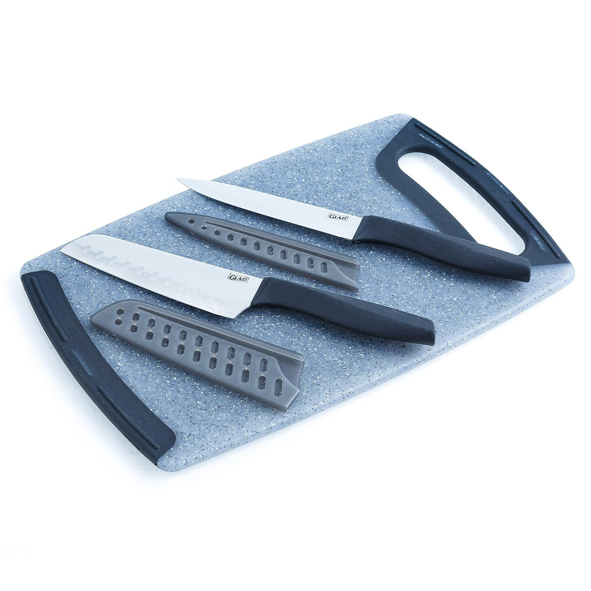 Glad - Juego de cuchillos con tabla de cortar, 5 piezas, cuchillos santoku afilados y utilitarios con cubiertas de hoja y bloque de plástico para picar | Accesorios de cocina color gris