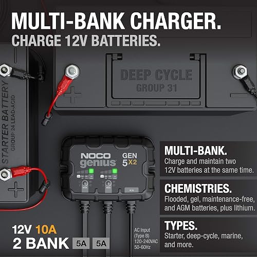 NOCO Genius GEN5X2 Cargador de Batería Marino Inteligente de 2 Bancos, 10 A, 12 V, Negro