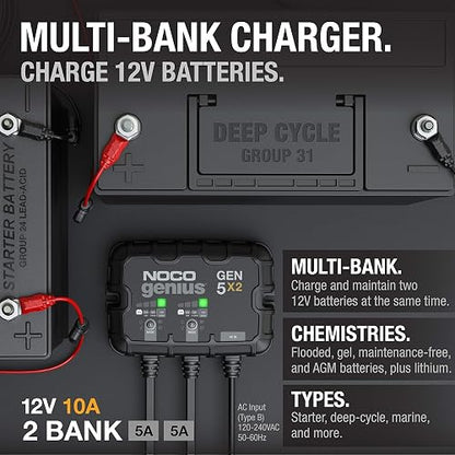 NOCO Genius GEN5X2 Cargador de Batería Marino Inteligente de 2 Bancos, 10 A, 12 V, Negro