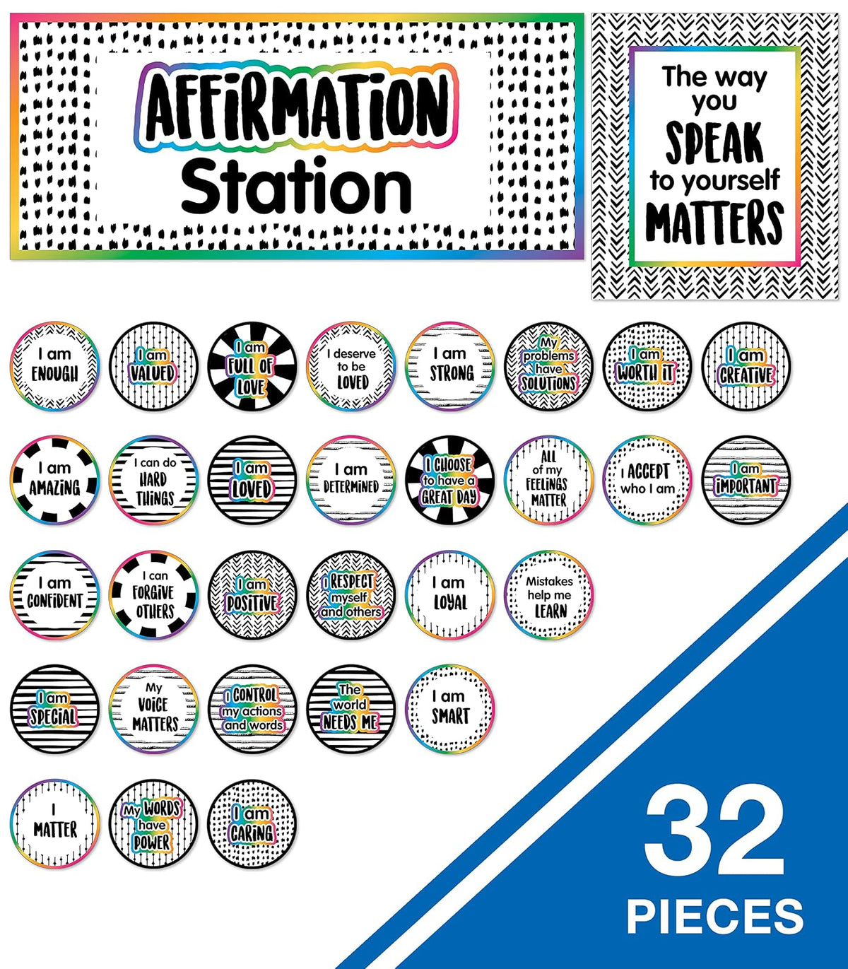 Carson Dellosa - Juego de 32 Tablas de anuncios de mentalidad de Crecimiento, póster Motivacional con Tarjetas de afirmación, Suministros de Esquina para la Escuela en el hogar y el Aula y decoración