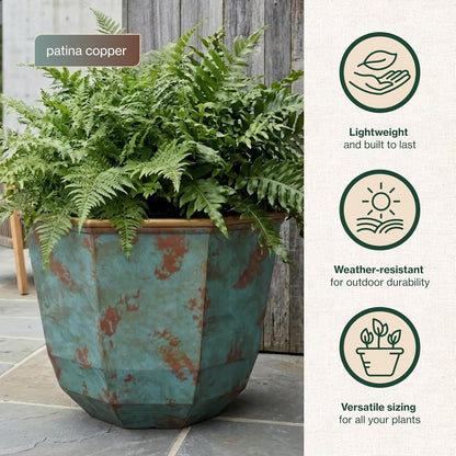 Macetas clásicas Shaina para el hogar y el jardín, macetas Ligeras para Interiores y Exteriores, macetas de Resina Resistentes a los Rayos UV, macetas para Flores y Hierbas (Cobre pátina de 15