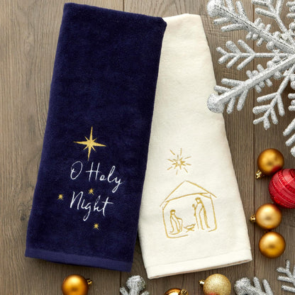 SKL Home Religious/Christmas/Winter O Holy Night Juego de 2 Toallas de Mano para baño/Cocina y Regalo, Color Azul Marino