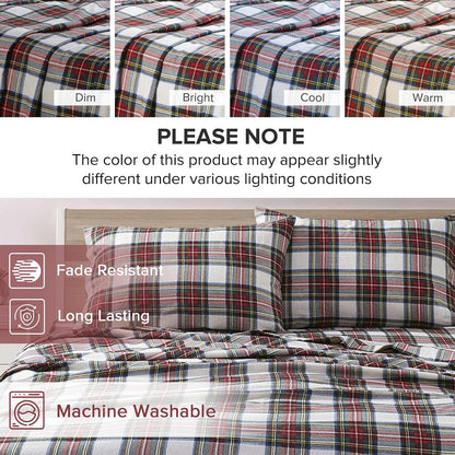 Comfort Spaces - Sábanas de Franela de algodón Transpirable con Bolsillos Profundos y Funda de Almohada, tamaño Individual, a Cuadros, Gris/Rojo, 6 Piezas