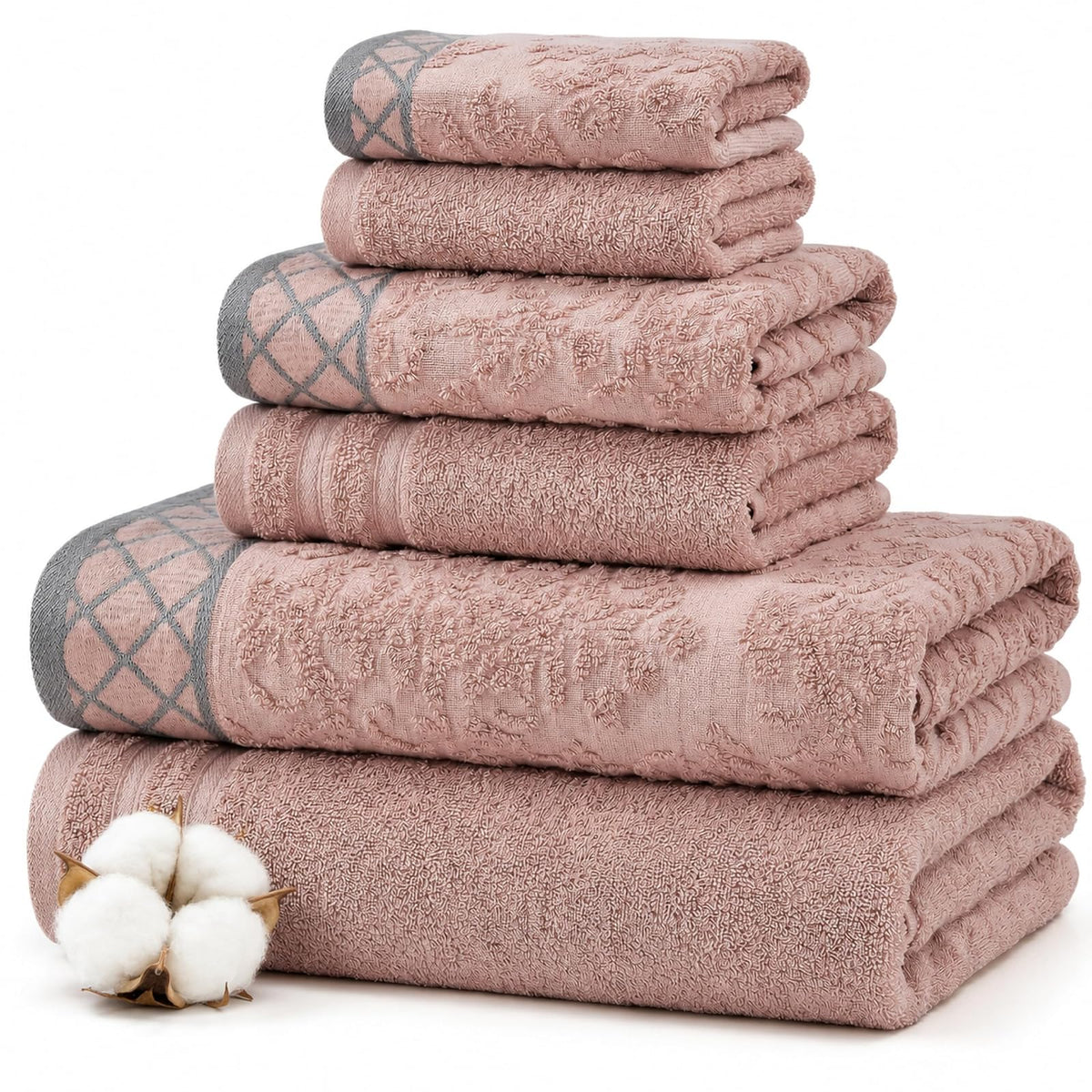 Modern Threads Juego de 6 Toallas de algodón Peinado de Damasco, ultrasuave, 550 g/m², 100% con Bordes Adornados [melocotón]
