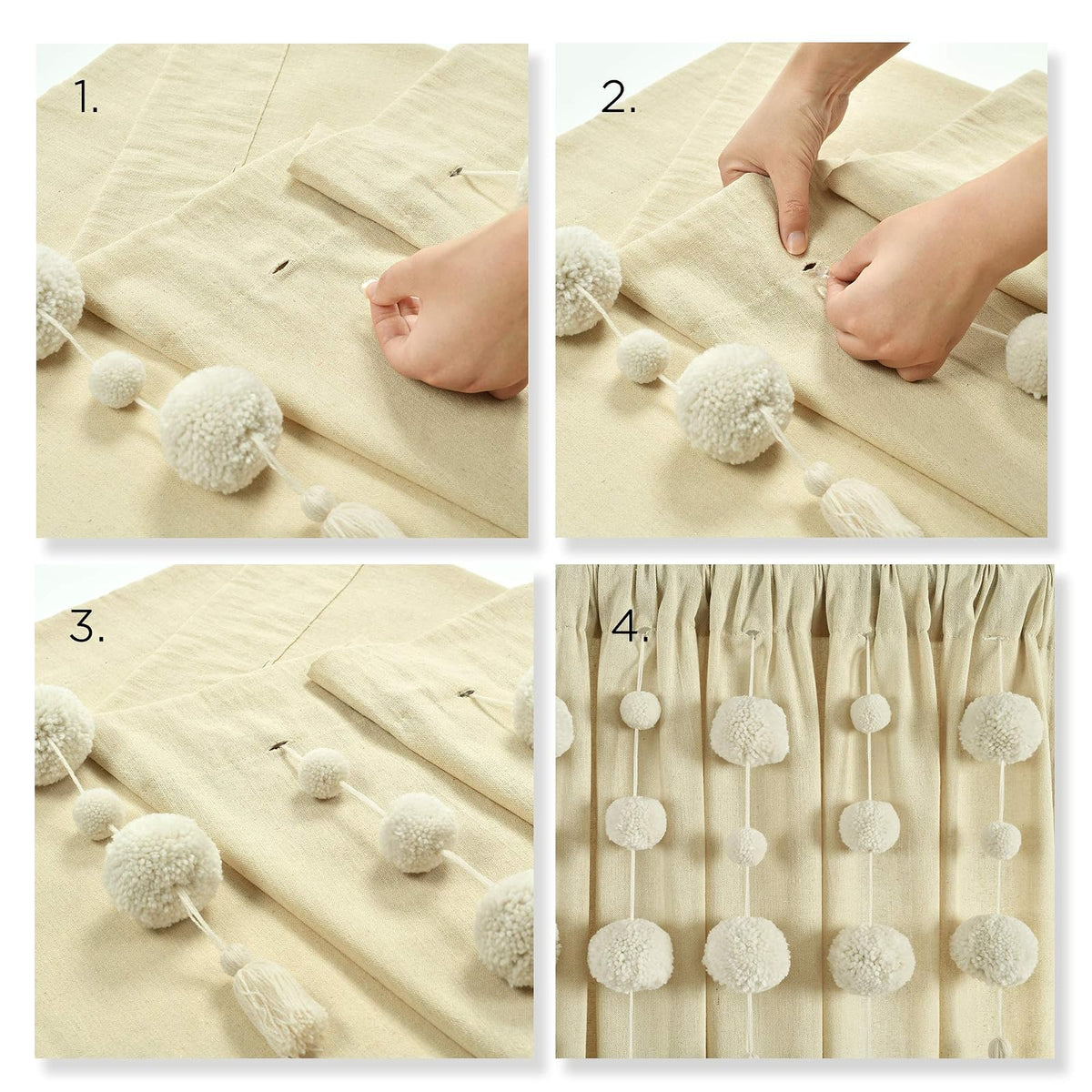 Lush Decor Cortina de Ducha de Lino con Pompones Bohemios, 72 x 72 Pulgadas, Color Blanco Roto