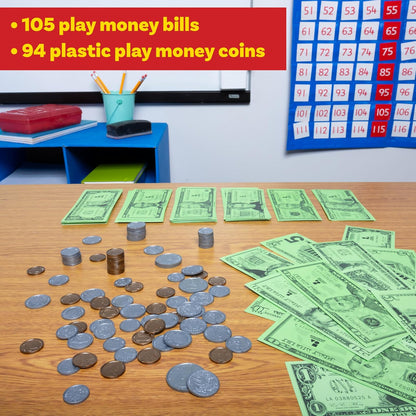 LEARNING ADVANTAGE Juego de Dinero | Billetes y Monedas | 100 Billetes y 94 Monedas | Manipulativos de matemáticas tempranas para niños | Dinero fingido diseñado como Moneda Real