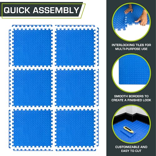 ProsourceFit Exercise Puzzle Mat , EVA Foam Interlocking Tiles Protective and Cushion Flooring for Gym Equipment, Exercise and Play Area, Blue - 1/2 Inch - 24 Sq Ft - 6 Tiles