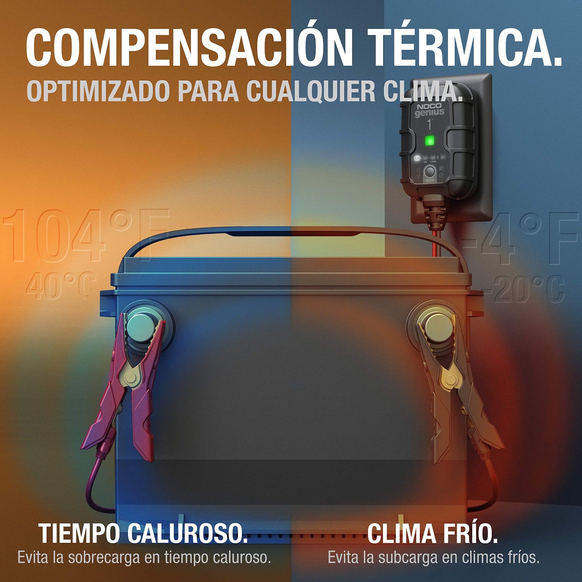 NOCO GENIUS1: Cargador de batería Inteligente 6V/12V 1A – Mantenedor automático, Cargador Lento y desulfatador con protección contra sobrecarga y compensación térmica – para baterías Plomo y Litio