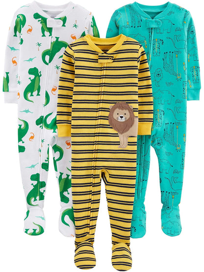 Simple Joys by Carter's Paquete de 3 Pijamas de Algodón con Pies - Dino - Animales Verde - León - 24 Meses - Paquete de 3 pijamas de algodón con pies ajustados