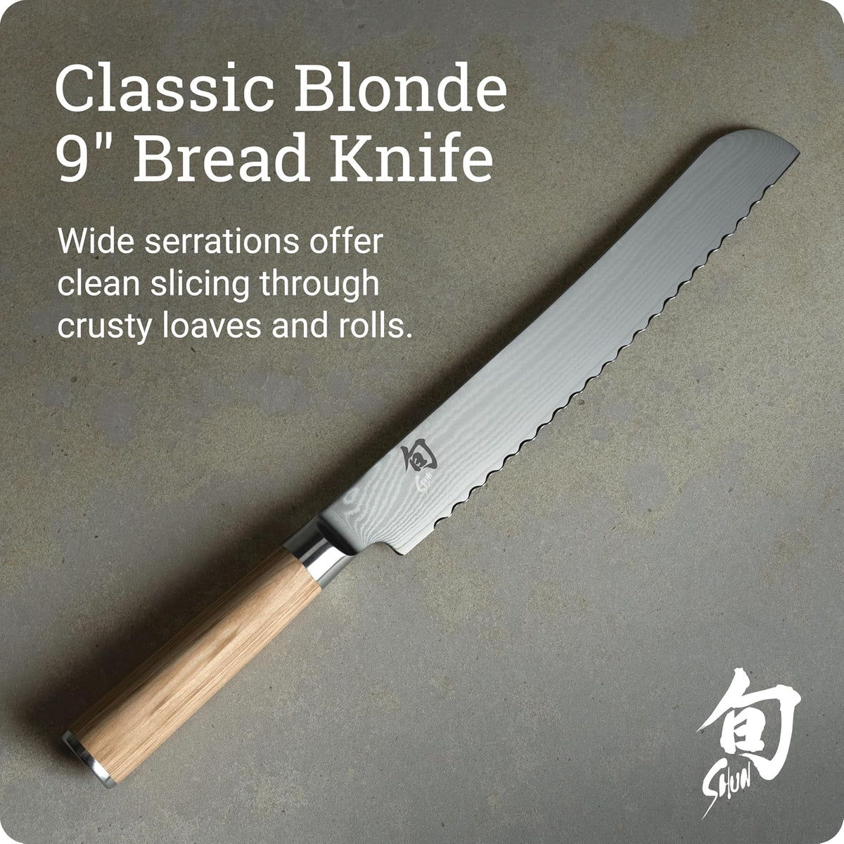 Shun - Cuchillo de pan clásico rubio de 9 pulgadas, cuchillo dentado japonés hecho a mano, núcleo VG-MAX con revestimiento de acero inoxidable Damasco, mango Pakkawood, herramienta de corte para chefs