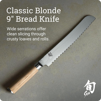 Shun - Cuchillo de pan clásico rubio de 9 pulgadas, cuchillo dentado japonés hecho a mano, núcleo VG-MAX con revestimiento de acero inoxidable Damasco, mango Pakkawood, herramienta de corte para chefs