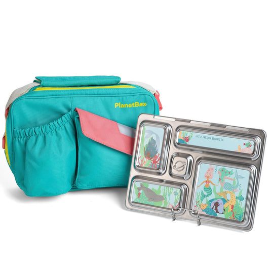 PlanetBox Rover - Fiambrera Bento de acero inoxidable con 5 compartimentos para adultos y niños, bolsa de transporte de sirena e imanes