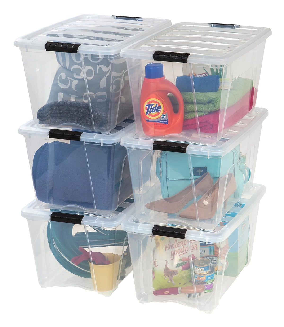 IRIS USA 6 Contenedores de 54 Qt con Tapa, Transparentes | Diseño transparente para ver el contenido fácilmente. Ideal para mudanzas, cobijas, ropa y garaje. Diseño anidable.