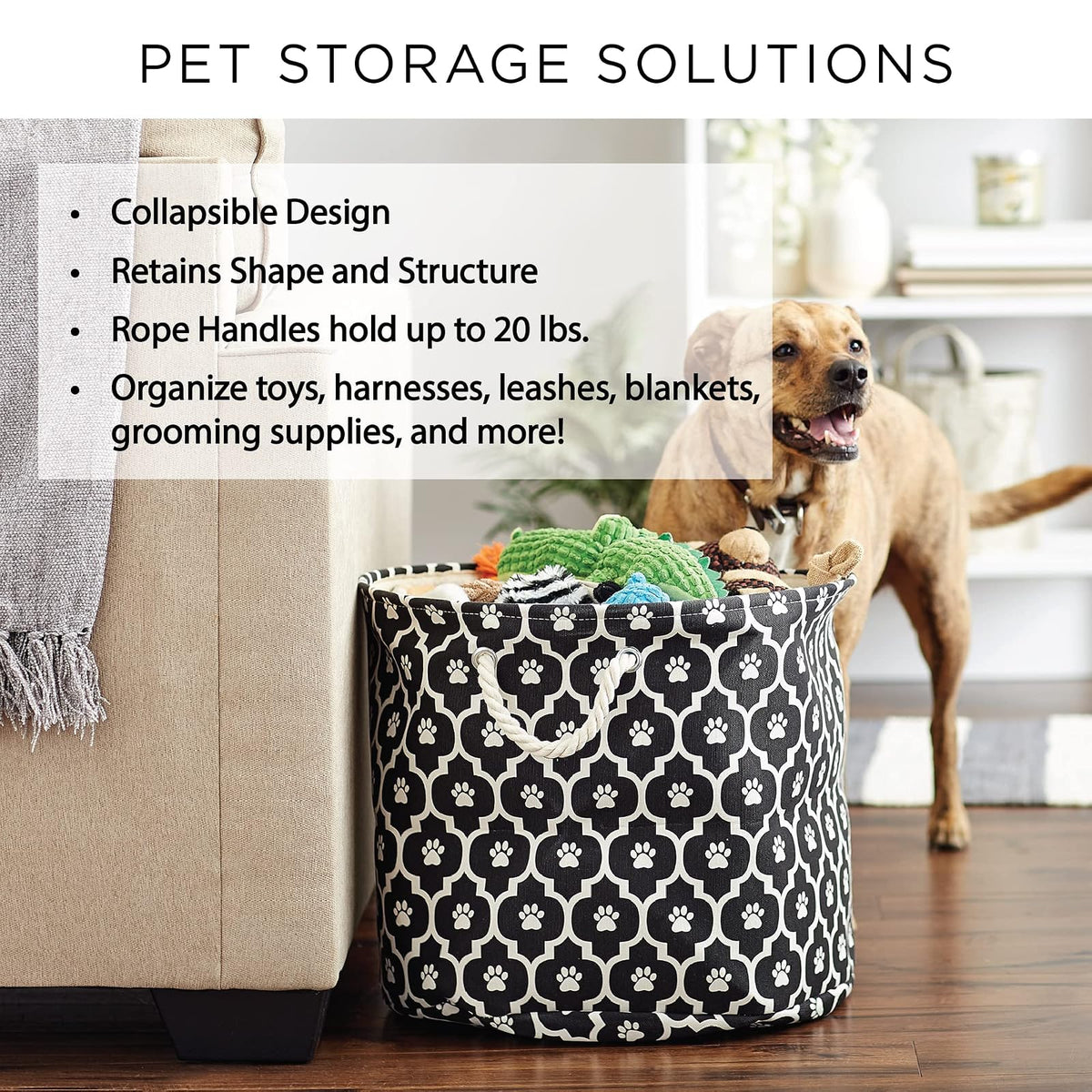 DII Bone Dry Small Round Pet Toy and Accessory Storage Bin, 12"(Dia) x 9"(H), Collapsible Organizer Storage Basket for Home Décor, Pet Toy, Blankets, Leashes and Food-Gray Lattiec Paw Print