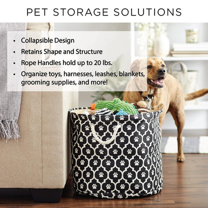 DII Bone Dry Small Round Pet Toy and Accessory Storage Bin, 12"(Dia) x 9"(H), Collapsible Organizer Storage Basket for Home Décor, Pet Toy, Blankets, Leashes and Food-Gray Lattiec Paw Print