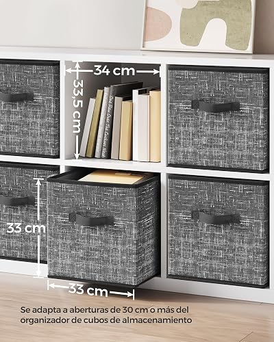 SONGMICS Cajas Cubos de Almacenamiento de Tela no Tejida de 30 cm con Asas Dobles, Juego de 6, Organizadores de Armario, Negro MROB030B01