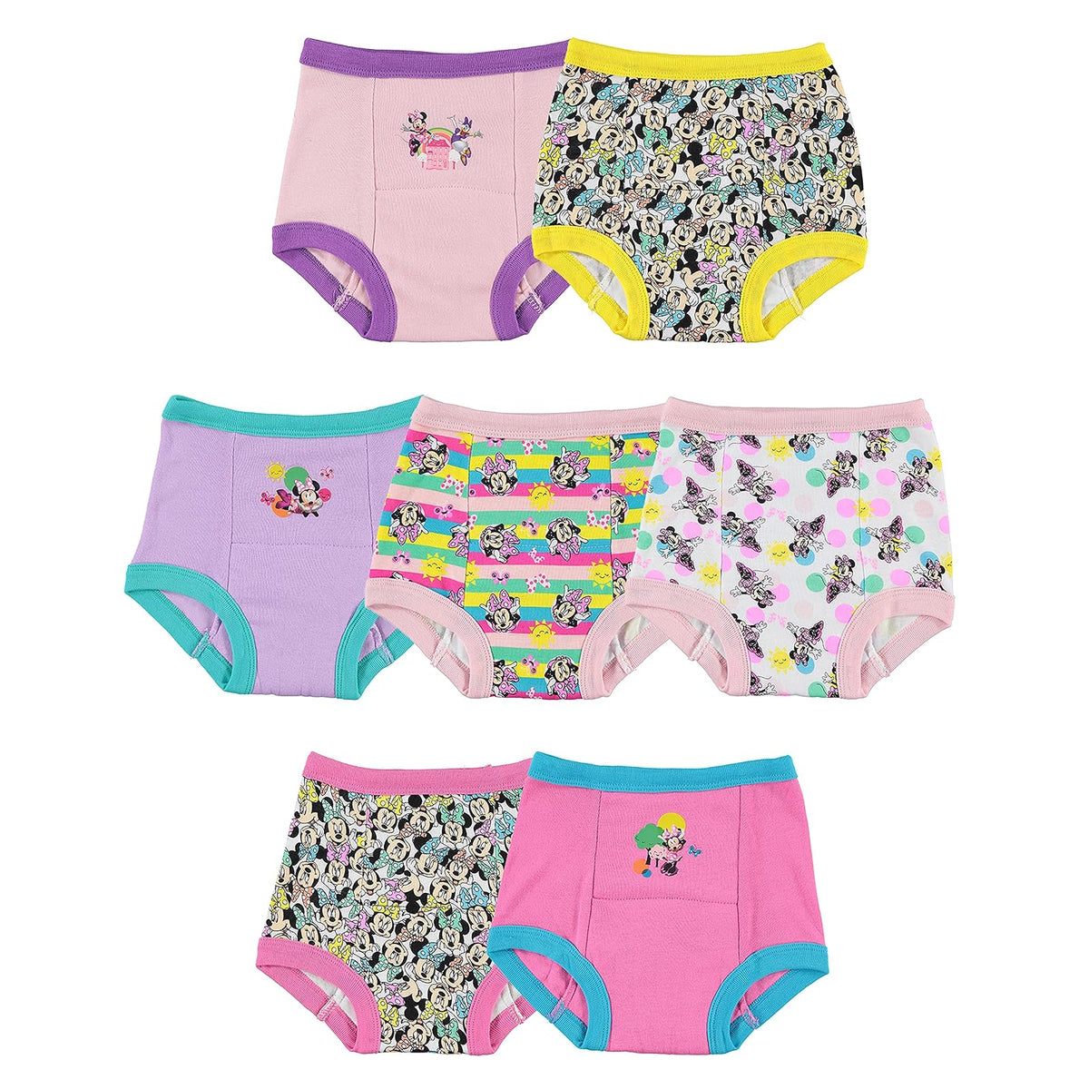 Disney Minnie Mouse - Pantalones de entrenamiento para ir al baño y kit de inicio con pegatinas y tabla de seguimiento en tamaños 18m, 2t, 3t, 4t, Paquete de 7 pantalones de entrenamiento, 4 Años