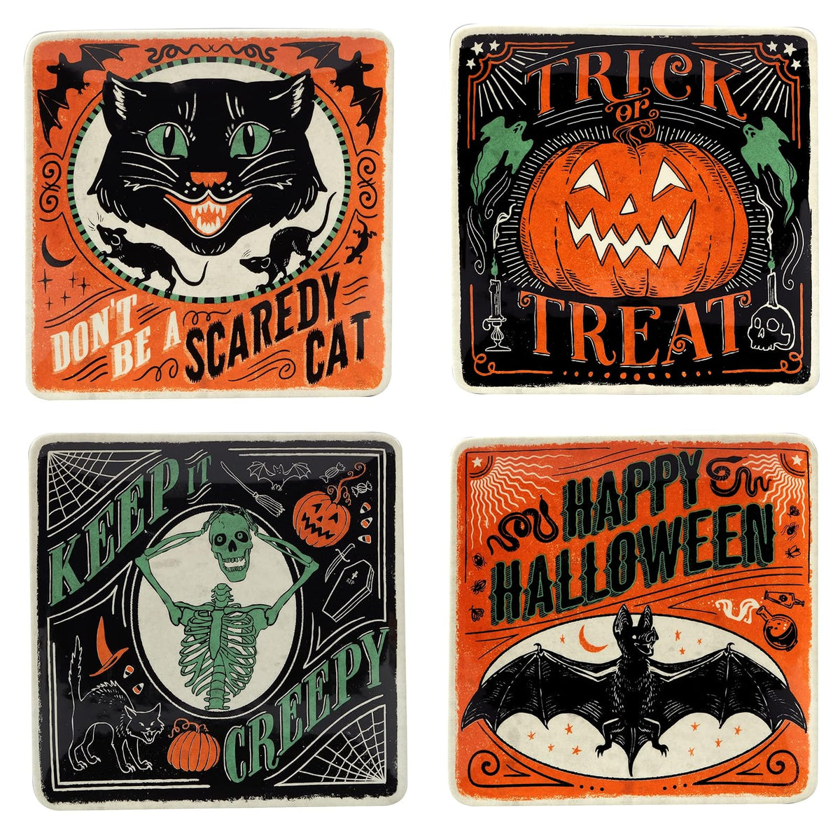 Certified International Scaredy Cat Platos de postre y ensalada de 8.5 pulgadas, varios diseños, multicolor, mediano, juego de 4