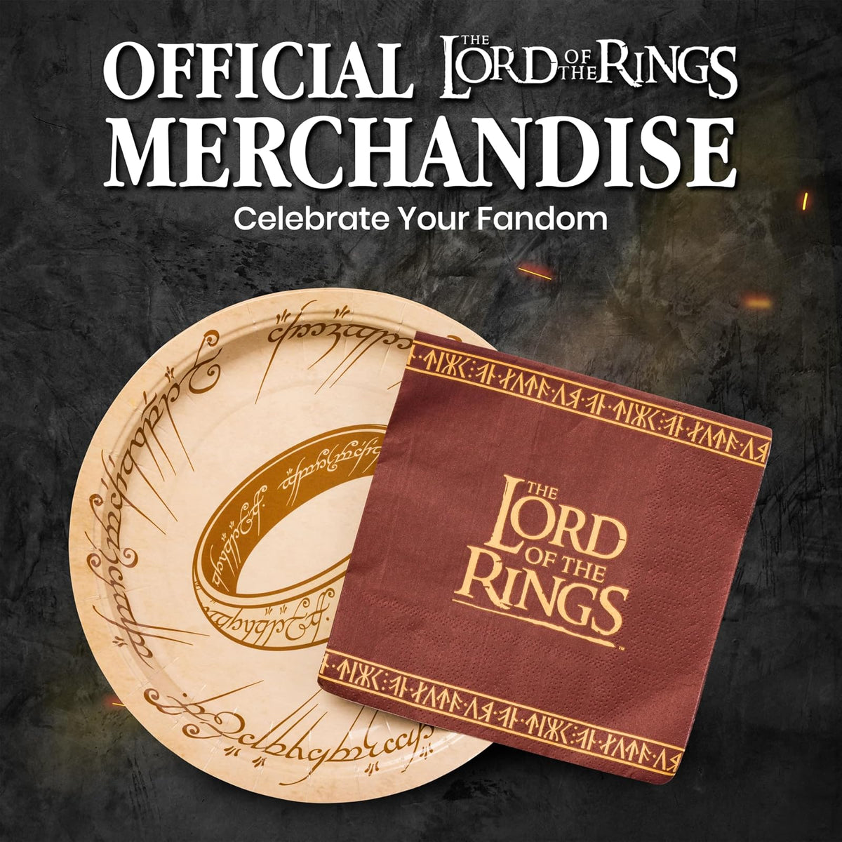 Silver Buffalo The Lord of the Rings Elvish Script - Paquete de 32 platos y servilletas de papel desechables