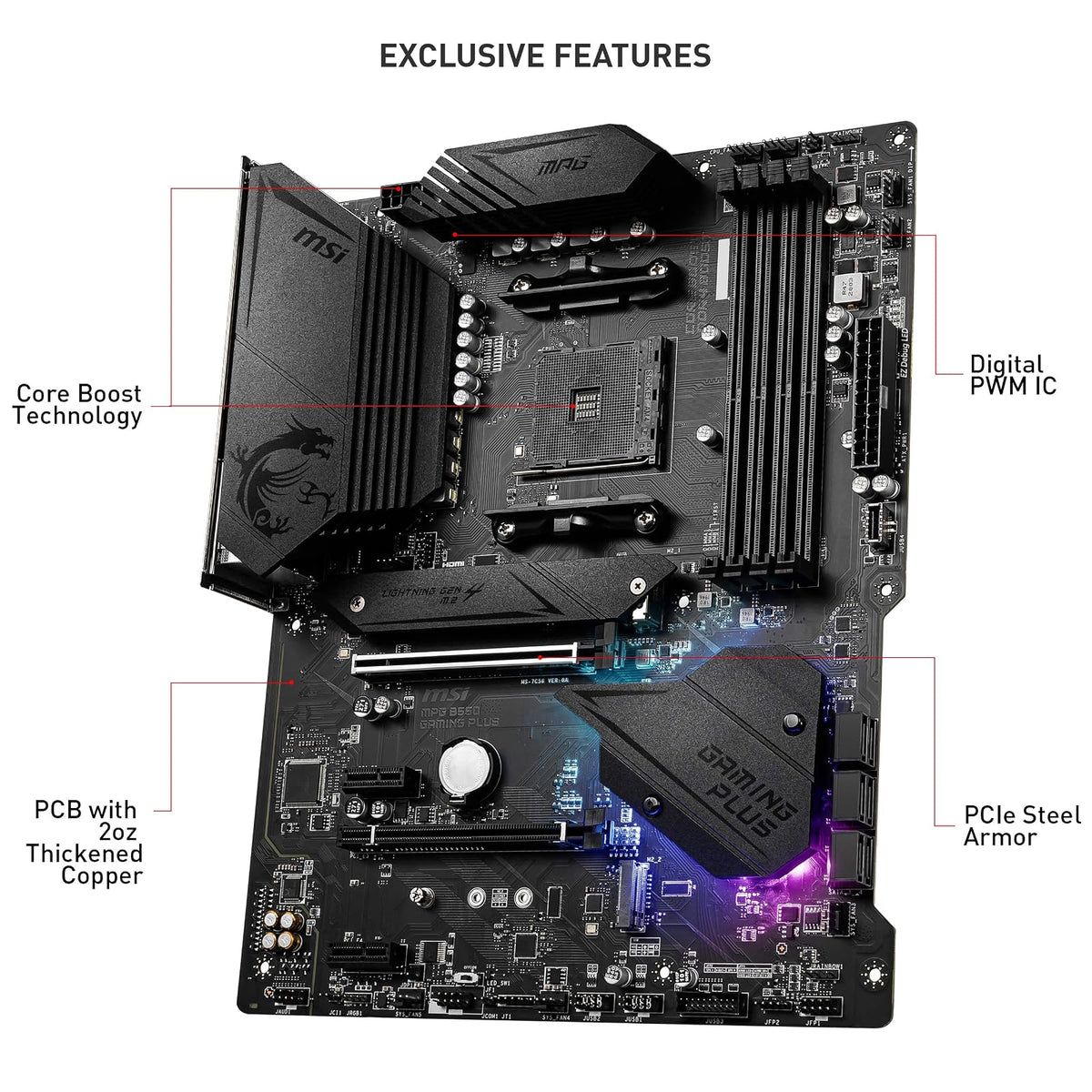 MSI MPG B550 Gaming Plus V1 Placa Base para Juegos (AMD Ryzen 5000, AM4, DDR4, PCIe 4.0, SATA 6Gb/s, M.2, USB 3.2 Gen 2, HDMI/DP, ATX)