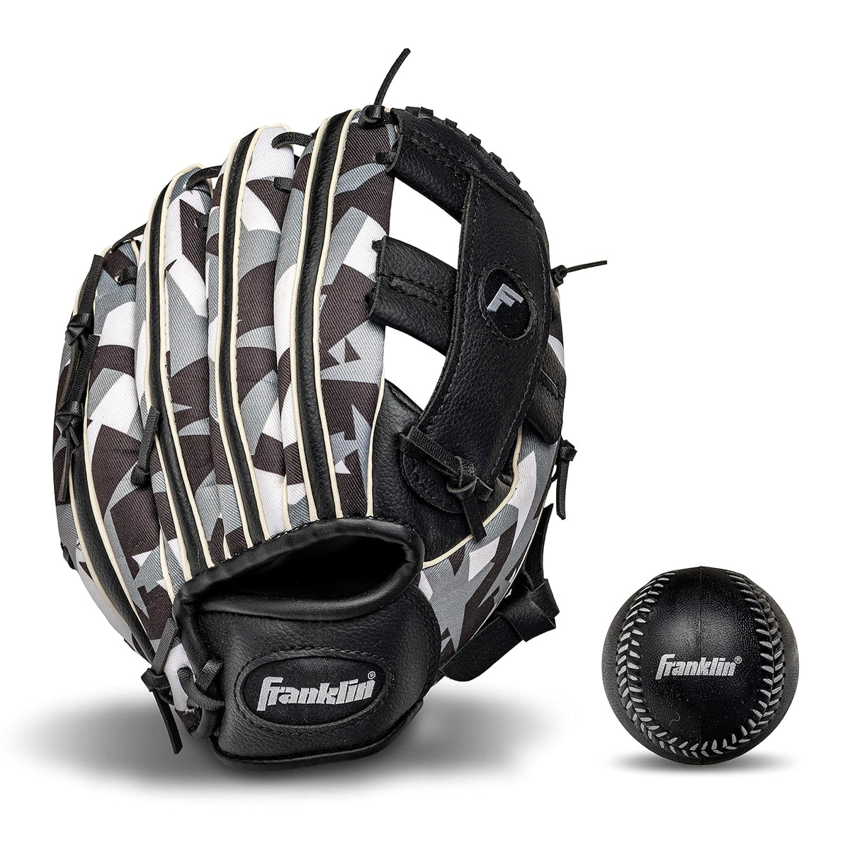 Franklin Sports Guante y Pelota de T-Ball para Niños, 9.5" - Negro - Blanco - Lanzador para diestros