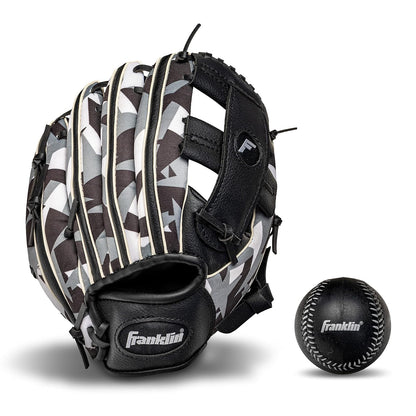 Franklin Sports Guante y Pelota de T-Ball para Niños, 9.5" - Negro - Blanco - Lanzador para diestros