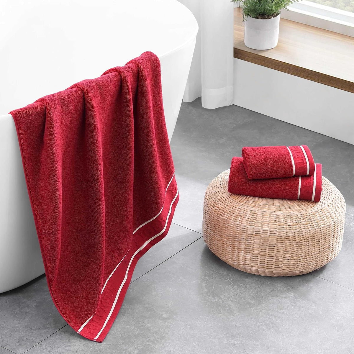 Tommy Hilfiger - Juego de Toallas de baño, algodón Suave y Absorbente, de Secado rápido y construcción Cero torsión, diseño Moderno (Rojo heredado, 6 Piezas)