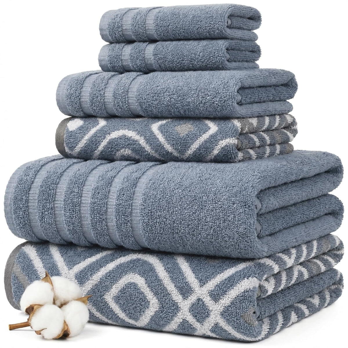 Amrapur Overseas 6-Piece Yarn Dyed Oxford Stripe Jacquard/Solid Ultra Soft 500GSM 100% Combed Cotton Towel Set Blue - Mediano - Azul