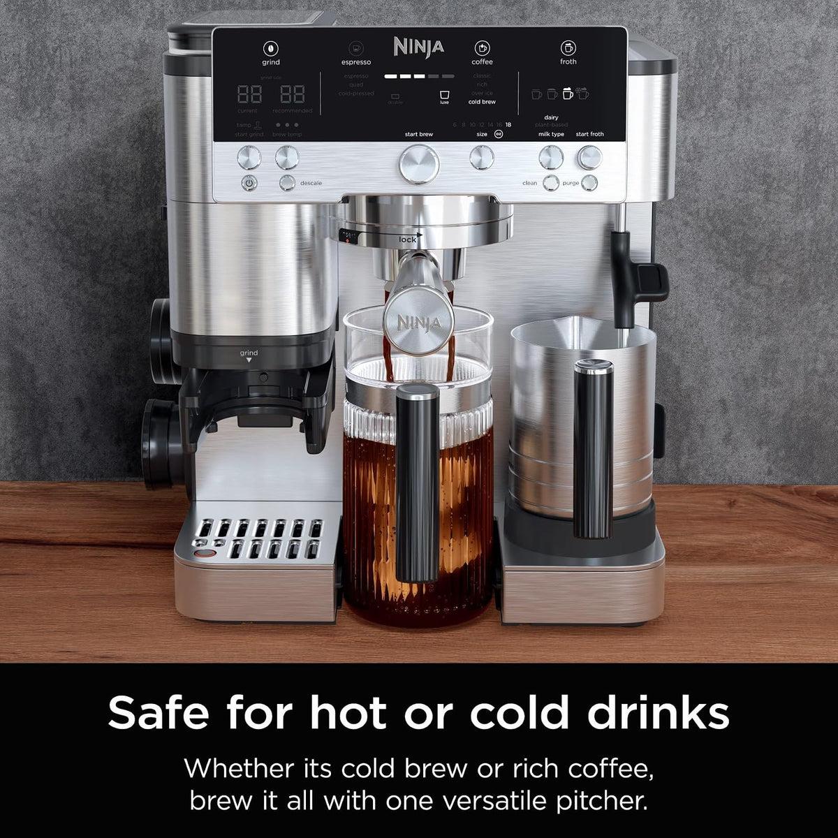 Ninja Café Luxe Jarra Compartible XSKSHRBLEPTCHR | 28 oz, de vidrio, caliente o helado, para espresso y café, accesorios máquina espresso
