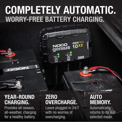 NOCO Genius GENPRO10X2, 2-Bank, 20-Amp (10-Amp per Bank) Fully-Automatic Smart Marine Charger, 12V Onboard Battery Charger, Battery Maintainer and Battery Desulfator with Temperature Compensation