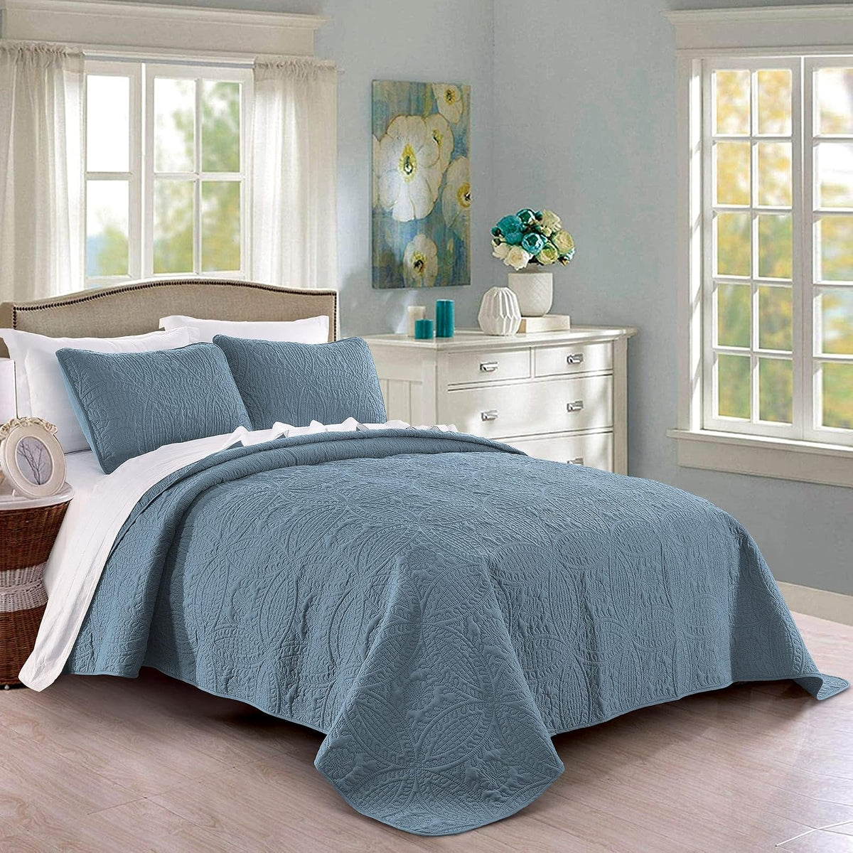 Pure Bedding - Juego de edredón tamaño matrimonial/Queen, Color Azul Ceniza - Colcha de Gran tamaño, Colcha Ligera de Microfibra Suave para Todas Las Estaciones, 3 Piezas Incluye 1 edredón y 2 Fundas