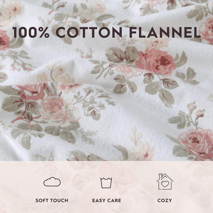 Laura Ashley - Juego de sábanas Queen, Ropa de Cama de Franela de algodón, Cepillado para Mayor suavidad y Comodidad (Lisalee Pink, Queen)