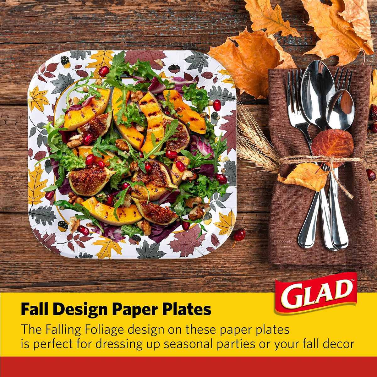 Glad Platos de Papel Desechables Cuadrados, Patrón de Follaje Otoñal - Fuertes, Resistentes, Impermeables y Aptos para Microondas, Platos Decorativos para Cena y Uso Diario, 10 Pulgadas, 20 Unidades