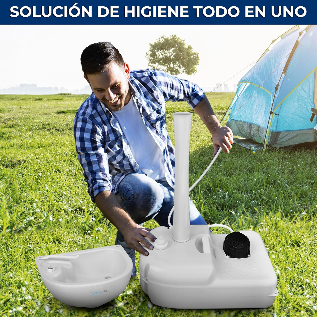SereneLife Lavabo Portátil Fregadero para Camping con Tanque de Agua de 19L, Bomba de Pie, Dispensa Jabón y Soporte para Toallas, Compacto con Asa para Transportar, Ideal Actividades al Aire Libre