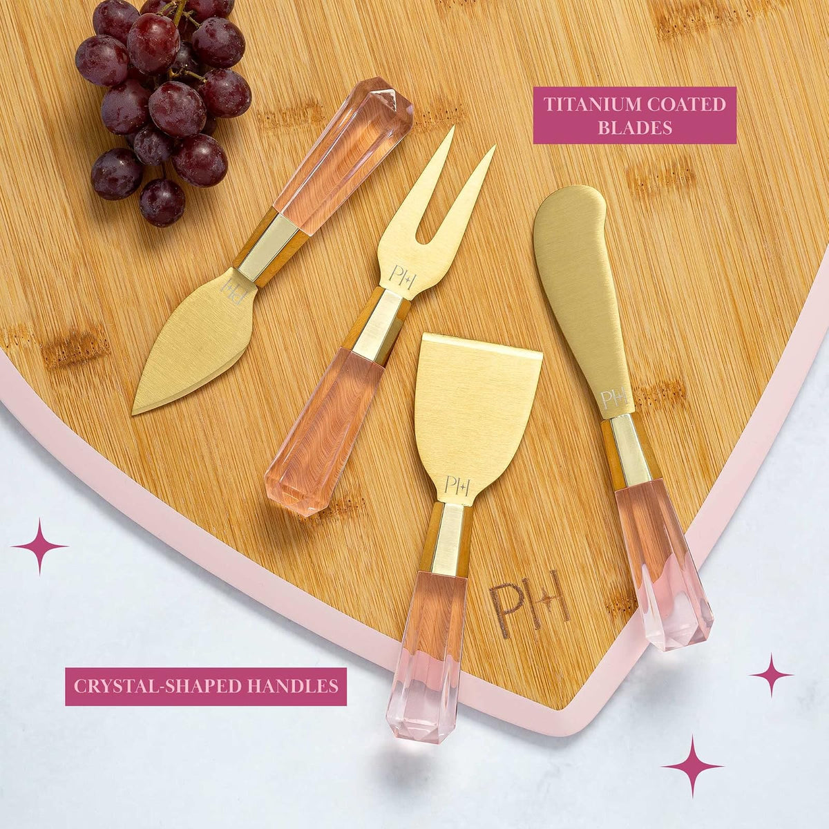 Paris Hilton - Juego de mesa de charcutería y servir, tabla de servir de bambú, plato de cerámica, utensilios de queso con cuchillas revestidas de titanio, juego de 6 piezas, color rosa