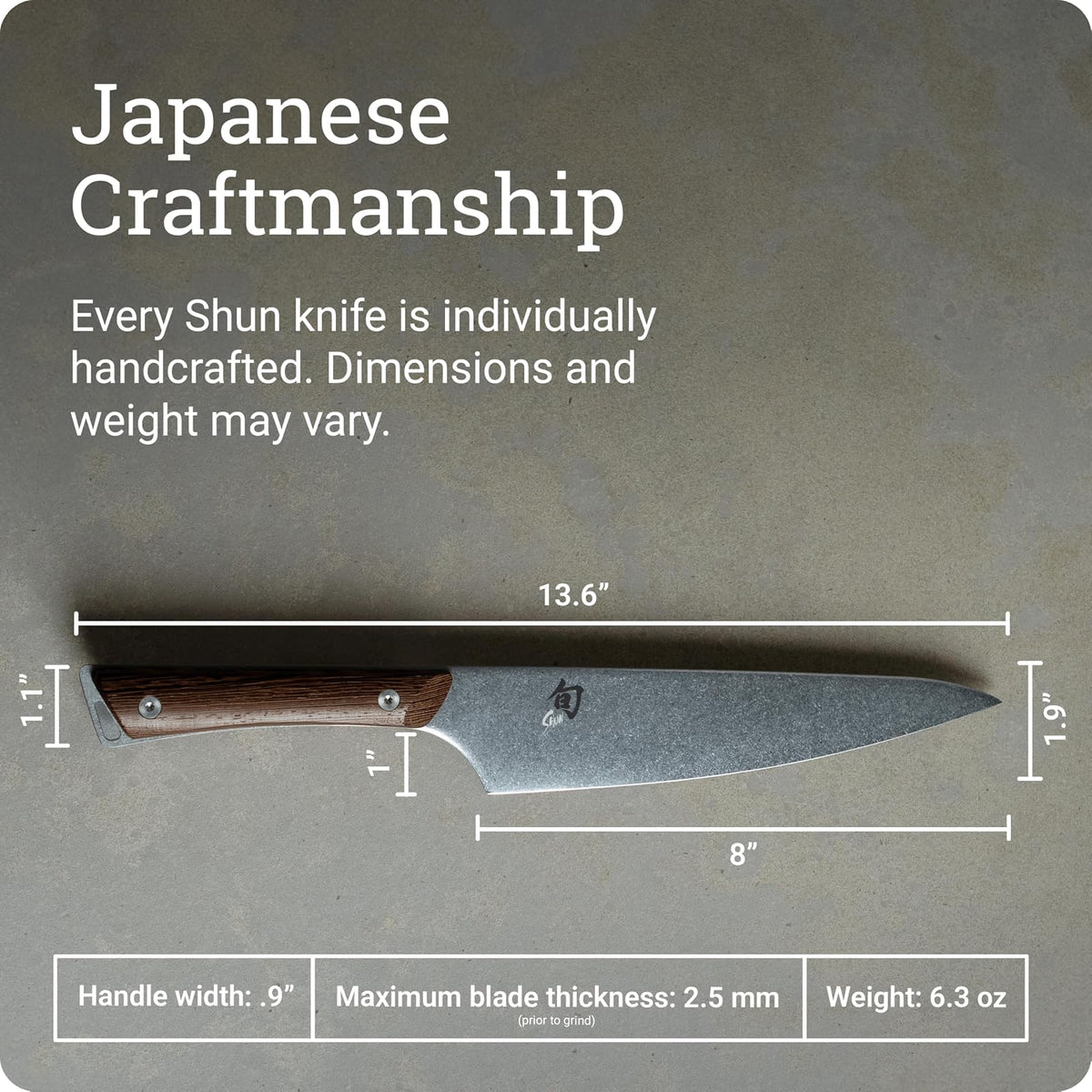 Shun SWT0706 Kanso - Cuchillo de chef (20.32 cm) | Cuchillo de cocina japonés hecho a mano, hoja de acero inoxidable AUS10A, mango Tagayasan