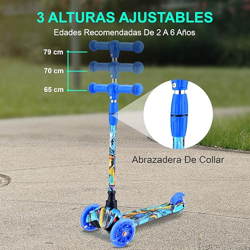 Hurtle Patin del Diablo Monopatin Scooter para Niños de 2 a 5 Años, 3 Ruedas con Luces LED, Mini Kickboard con Freno, Antideslizante, Manillar Ajustable de 64 cm a 78 cm