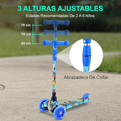 Hurtle Patin del Diablo Monopatin Scooter para Niños de 2 a 5 Años, 3 Ruedas con Luces LED, Mini Kickboard con Freno, Antideslizante, Manillar Ajustable de 64 cm a 78 cm