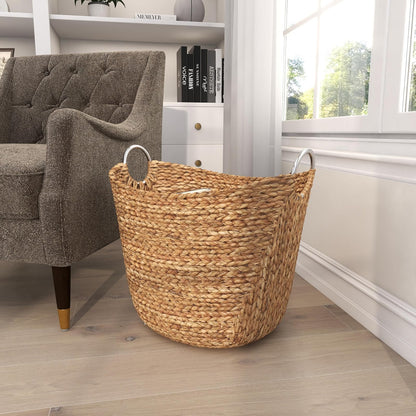 Deco 79 Seagrass Handmade Large Woven Storage Basket with Ring Metal Handles, 21" x 17" x 19", Brown