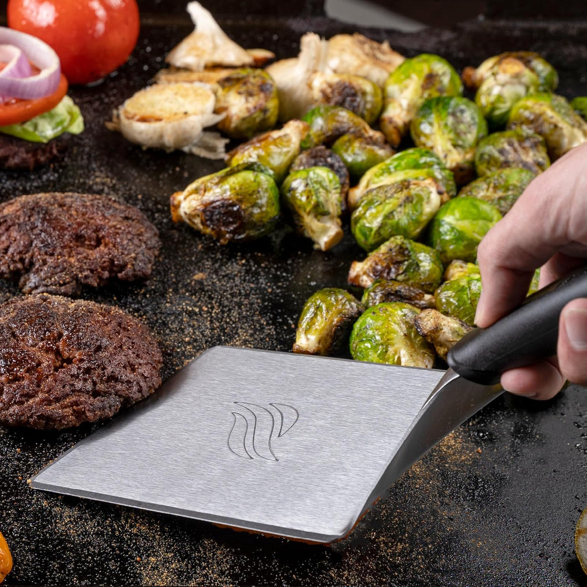Espátula para Hamburguesas Grande De Grado Alimenticio | Mango de plástico resistente, acero inoxidable, 4x5 pulgadas, accesorios de plancha plana, rascador de parrilla