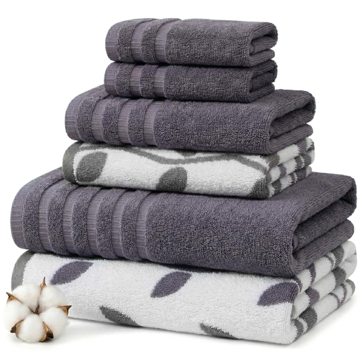 Modern Threads Organic Vines - Juego de 6 Toallas de algodón 100% – Hilo teñido Jacquard y sólido – Incluye 2 Toallas de baño, 2 Toallas de Mano, 2 paños – Absorbente, de Secado rápido, Suave y - Lavanda