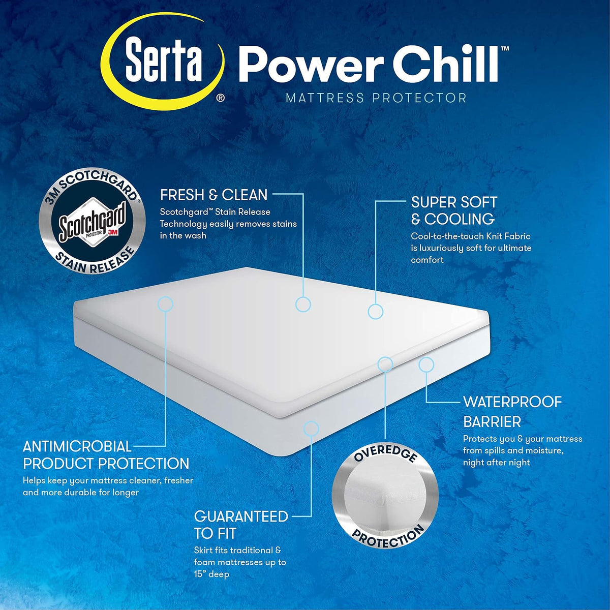 Serta Power Chill - Funda de colchón Impermeable de tamaño Individual, Suave y Transpirable, Bolsillo elástico Profundo de 15 Pulgadas para un Ajuste Seguro, Color Blanco