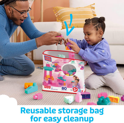 Mega Bloks, Bloques de Construcción de Plástico, Gran Bolsa Rosa para Construir, Juguete para Niños, Material Didáctico, Edad 1 año en Adelante